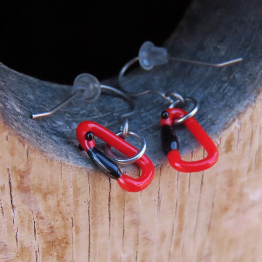 Red Earrings | Gift for a Climber | Glass Carabiners
