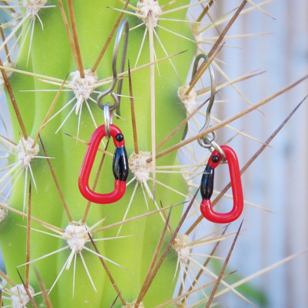 Red Earrings | Gift for a Climber | Glass Carabiners